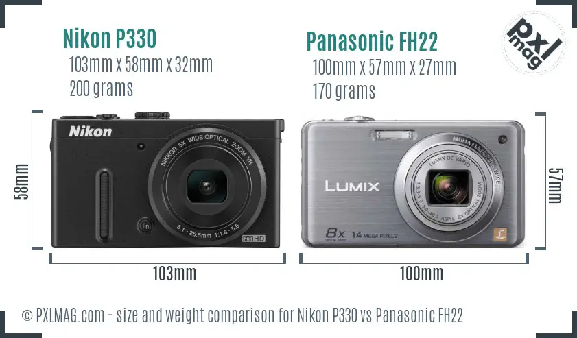 Nikon P330 vs Panasonic FH22 size comparison