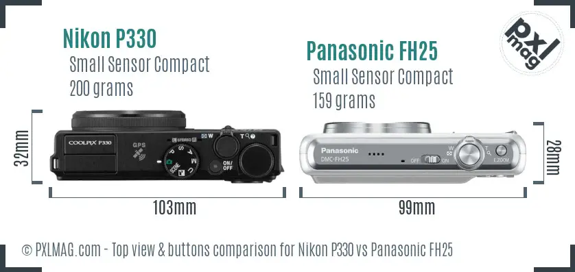 Nikon P330 vs Panasonic FH25 top view buttons comparison Nikon P330 vs Panasonic FH25 top view buttons comparison