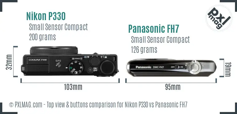 Nikon P330 vs Panasonic FH7 top view buttons comparison Nikon P330 vs Panasonic FH7 top view buttons comparison