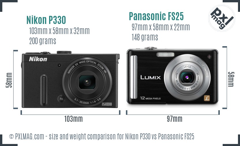 Nikon P330 vs Panasonic FS25 size comparison