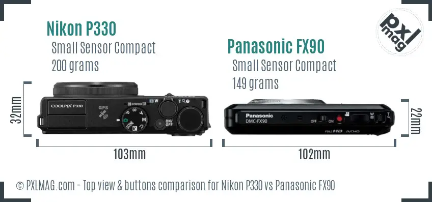 Nikon P330 vs Panasonic FX90 top view buttons comparison