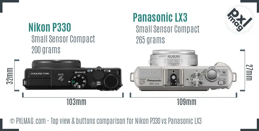 Nikon P330 vs Panasonic LX3 top view buttons comparison