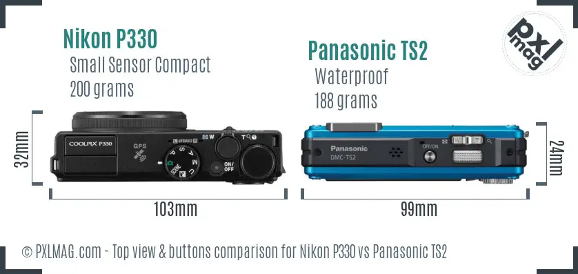 Nikon P330 vs Panasonic TS2 top view buttons comparison Nikon P330 vs Panasonic TS2 top view buttons comparison