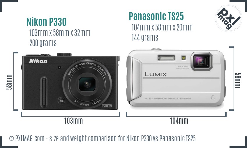 Nikon P330 vs Panasonic TS25 size comparison