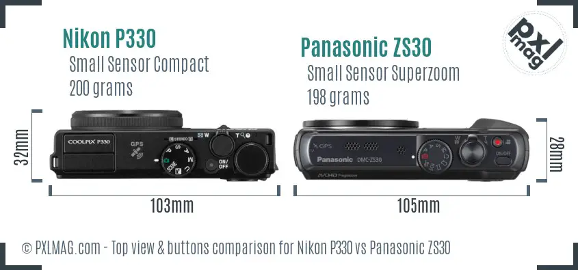 Nikon P330 vs Panasonic ZS30 top view buttons comparison Nikon P330 vs Panasonic ZS30 top view buttons comparison
