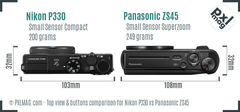 Nikon P330 vs Panasonic ZS45 top view buttons comparison Nikon P330 vs Panasonic ZS45 top view buttons comparison