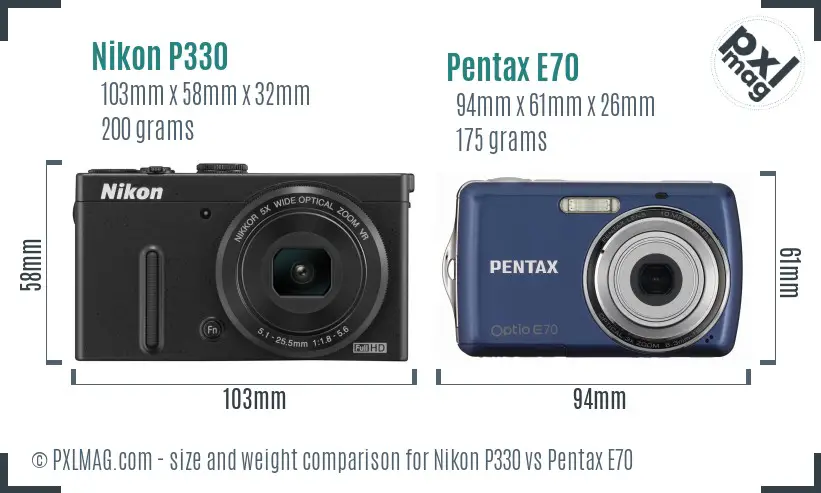 Nikon P330 vs Pentax E70 size comparison