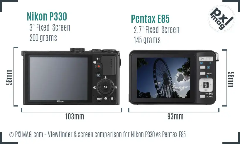 Nikon P330 vs Pentax E85 Screen and Viewfinder comparison