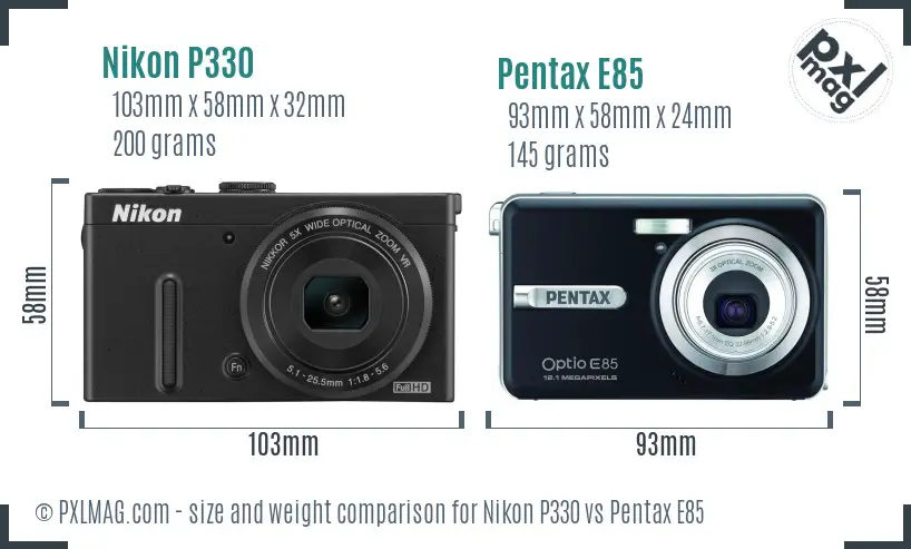 Nikon P330 vs Pentax E85 size comparison