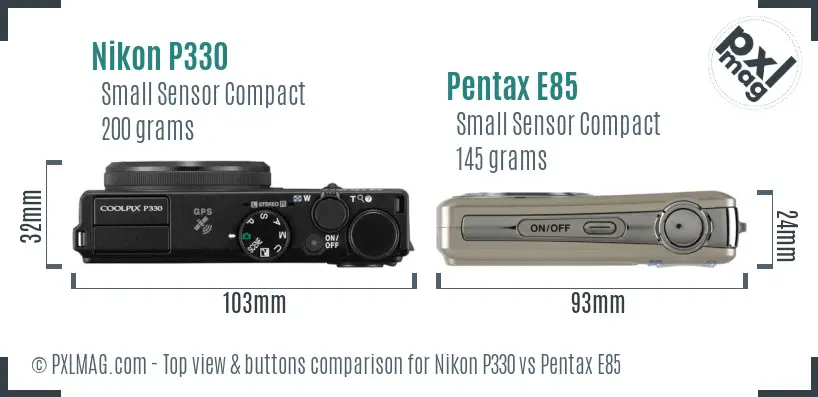 Nikon P330 vs Pentax E85 top view buttons comparison