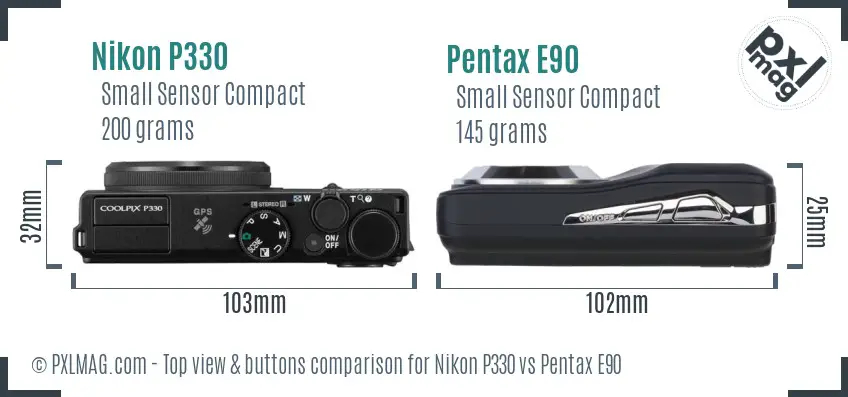 Nikon P330 vs Pentax E90 top view buttons comparison Nikon P330 vs Pentax E90 top view buttons comparison