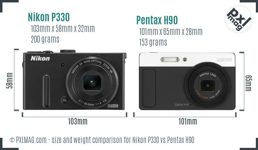 Nikon P330 vs Pentax H90 size comparison