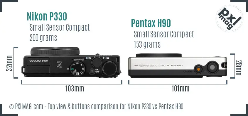 Nikon P330 vs Pentax H90 top view buttons comparison