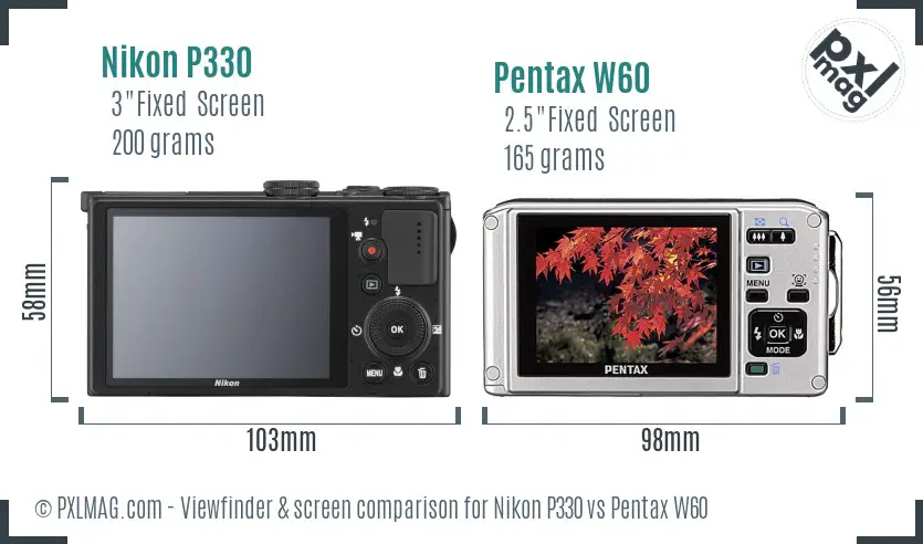 Nikon P330 vs Pentax W60 Screen and Viewfinder comparison