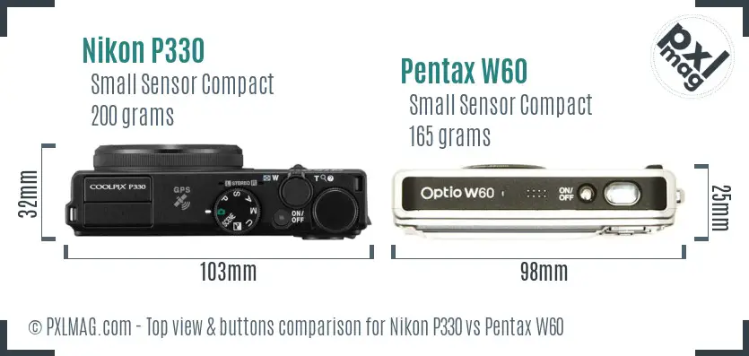 Nikon P330 vs Pentax W60 top view buttons comparison