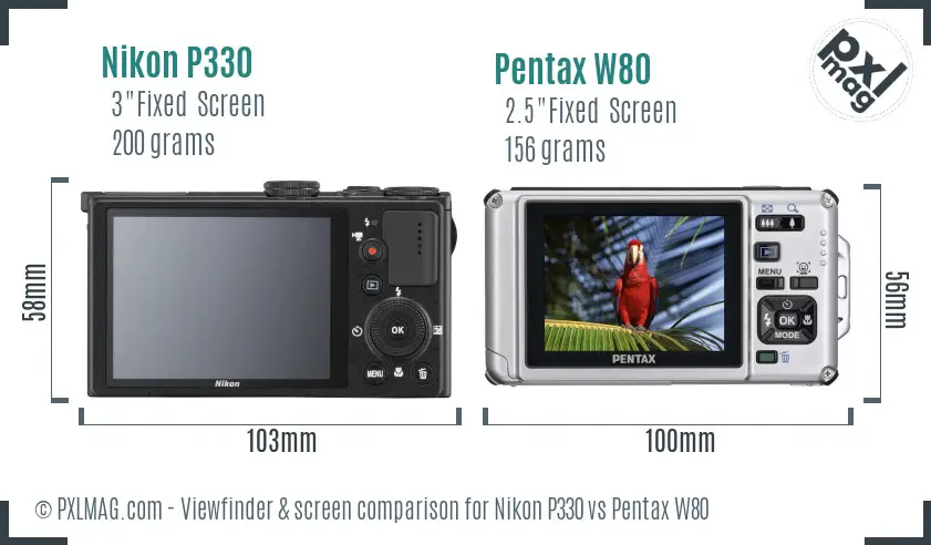 Nikon P330 vs Pentax W80 Screen and Viewfinder comparison