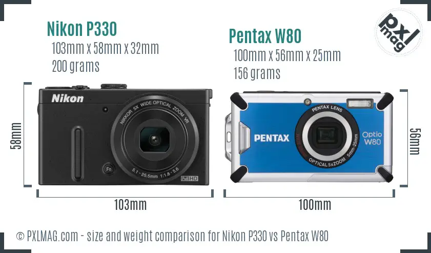 Nikon P330 vs Pentax W80 size comparison