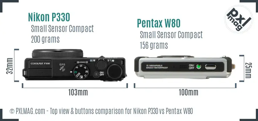 Nikon P330 vs Pentax W80 top view buttons comparison
