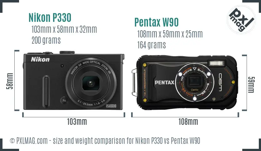 Nikon P330 vs Pentax W90 size comparison