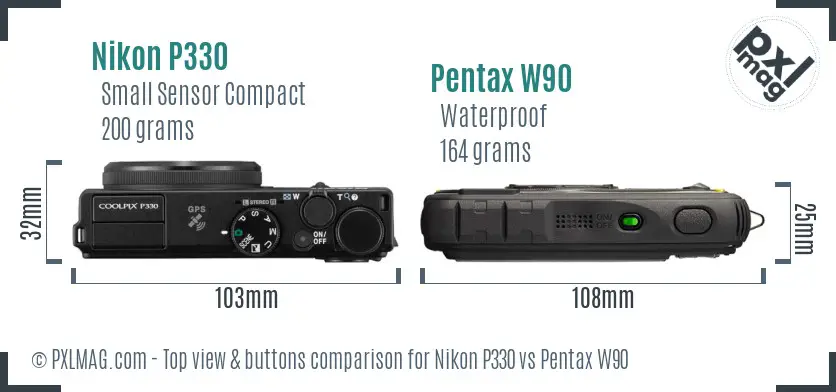Nikon P330 vs Pentax W90 top view buttons comparison
