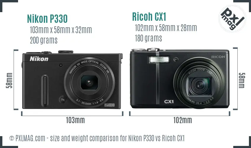 Nikon P330 vs Ricoh CX1 size comparison