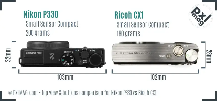 Nikon P330 vs Ricoh CX1 top view buttons comparison