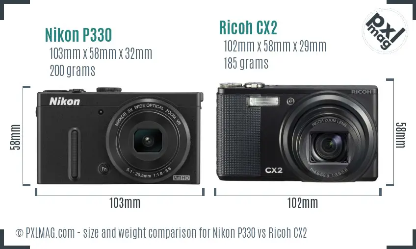 Nikon P330 vs Ricoh CX2 size comparison