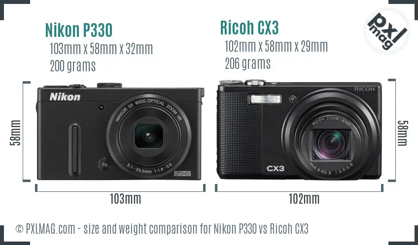 Nikon P330 vs Ricoh CX3 size comparison
