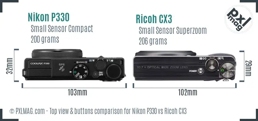 Nikon P330 vs Ricoh CX3 top view buttons comparison