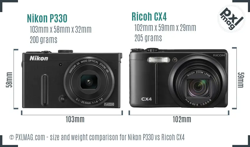 Nikon P330 vs Ricoh CX4 size comparison