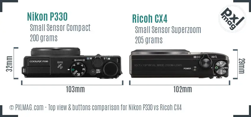 Nikon P330 vs Ricoh CX4 top view buttons comparison