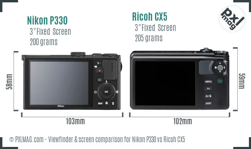 Nikon P330 vs Ricoh CX5 Screen and Viewfinder comparison