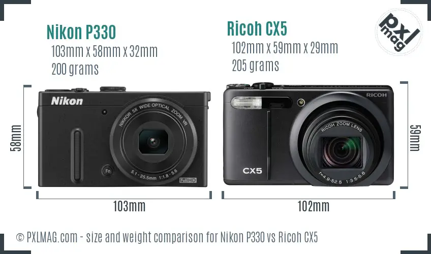 Nikon P330 vs Ricoh CX5 size comparison