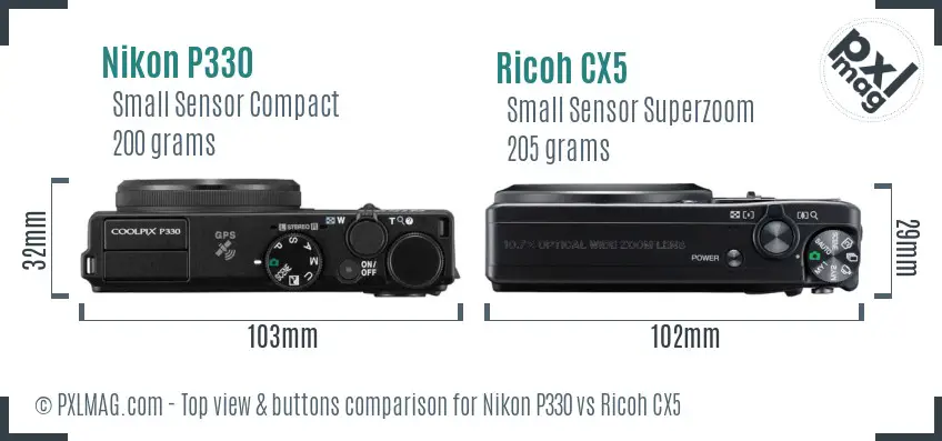 Nikon P330 vs Ricoh CX5 top view buttons comparison