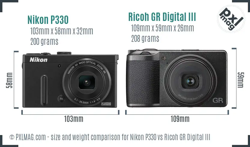 Nikon P330 vs Ricoh GR Digital III size comparison