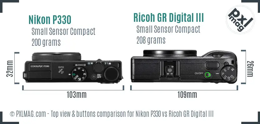 Nikon P330 vs Ricoh GR Digital III top view buttons comparison