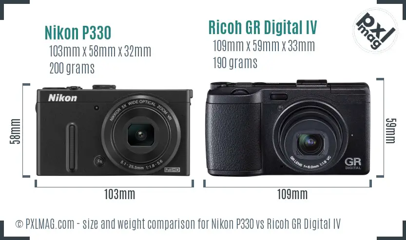 Nikon P330 vs Ricoh GR Digital IV size comparison