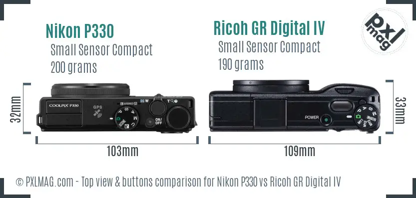 Nikon P330 vs Ricoh GR Digital IV top view buttons comparison