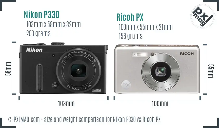 Nikon P330 vs Ricoh PX size comparison