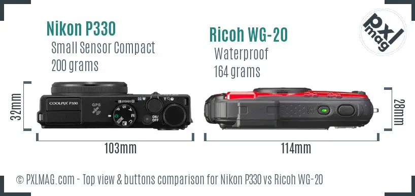 Nikon P330 vs Ricoh WG-20 top view buttons comparison Nikon P330 vs Ricoh WG-20 top view buttons comparison