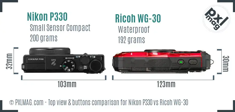 Nikon P330 vs Ricoh WG-30 top view buttons comparison Nikon P330 vs Ricoh WG-30 top view buttons comparison