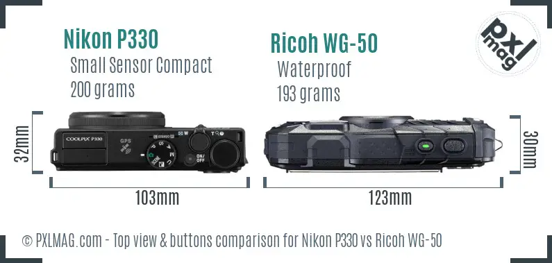 Nikon P330 vs Ricoh WG-50 top view buttons comparison Nikon P330 vs Ricoh WG-50 top view buttons comparison