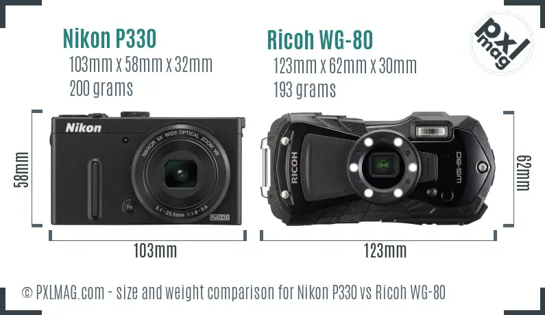 Nikon P330 vs Ricoh WG-80 size comparison