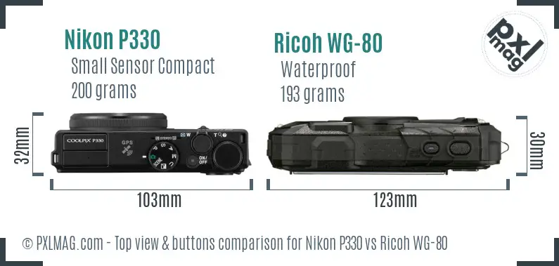 Nikon P330 vs Ricoh WG-80 top view buttons comparison