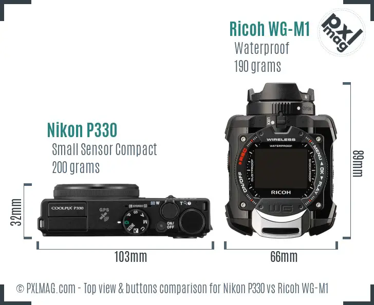 Nikon P330 vs Ricoh WG-M1 top view buttons comparison