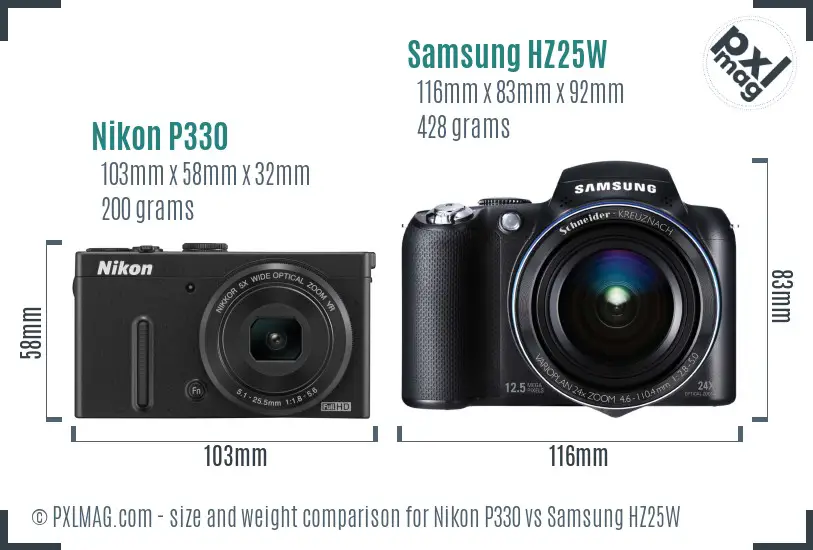 Nikon P330 vs Samsung HZ25W size comparison Nikon P330 vs Samsung HZ25W size comparison