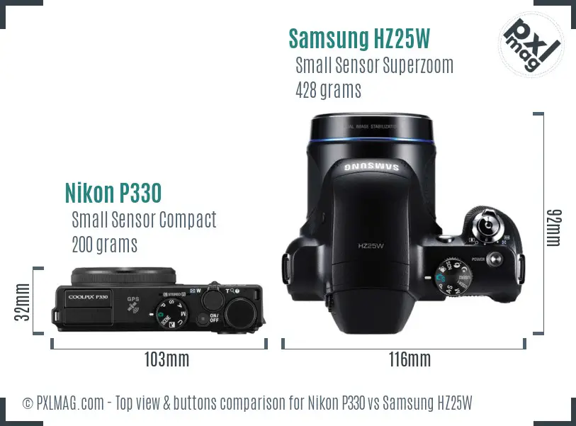 Nikon P330 vs Samsung HZ25W top view buttons comparison Nikon P330 vs Samsung HZ25W top view buttons comparison