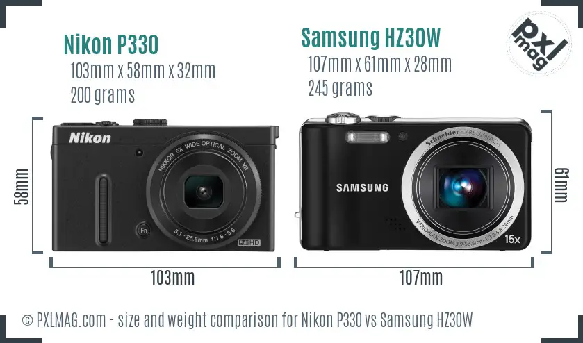 Nikon P330 vs Samsung HZ30W size comparison