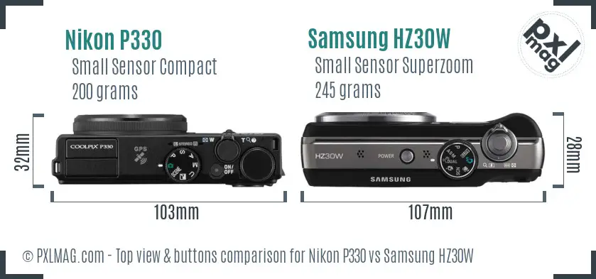 Nikon P330 vs Samsung HZ30W top view buttons comparison