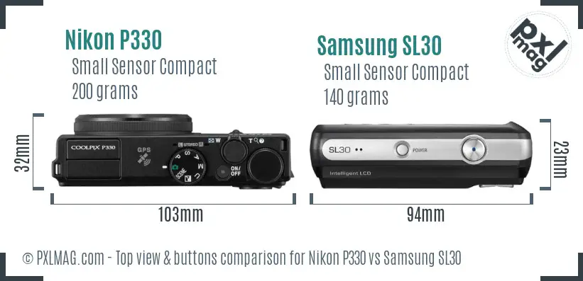 Nikon P330 vs Samsung SL30 top view buttons comparison Nikon P330 vs Samsung SL30 top view buttons comparison